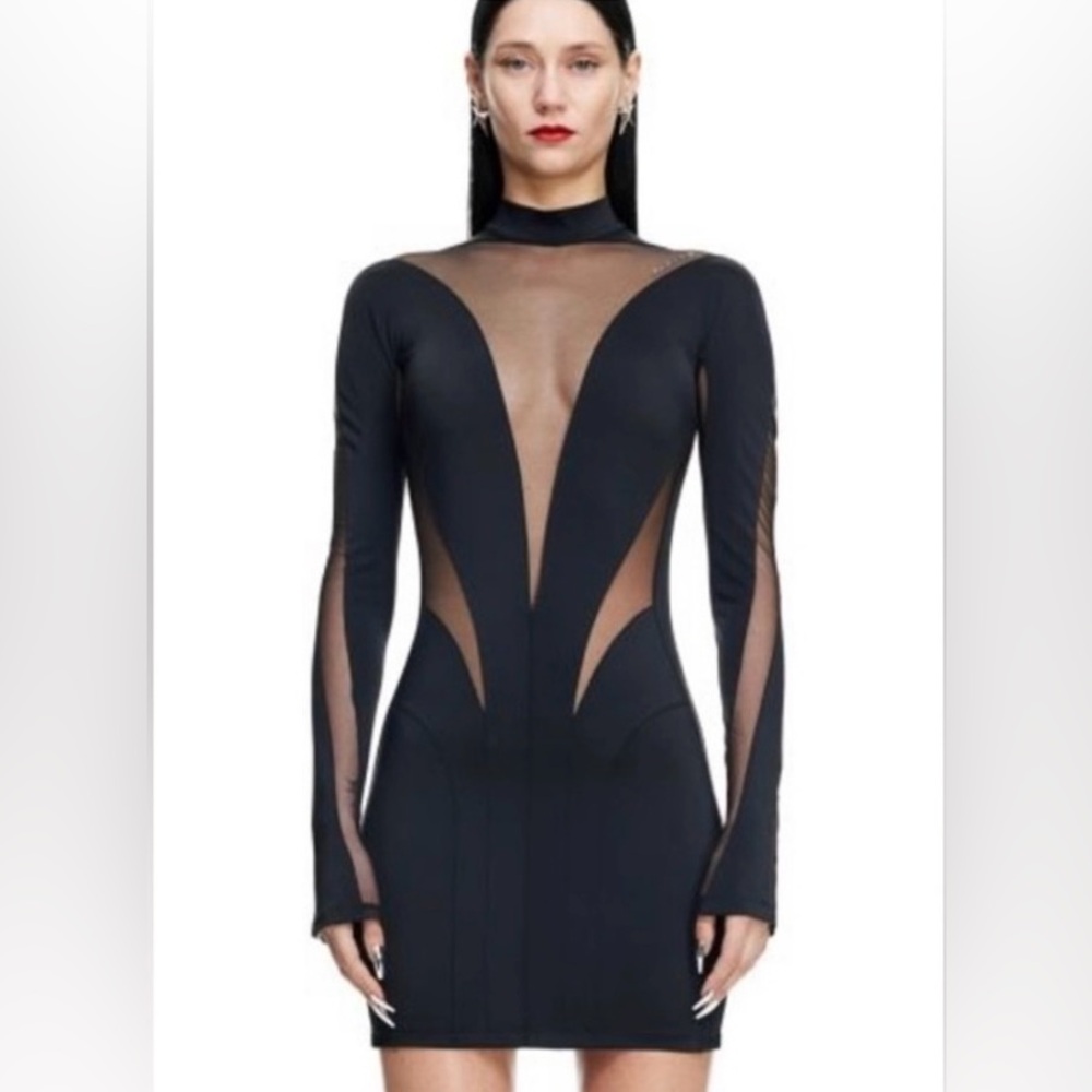 Mugler Black Sheer Panel Long Sleeve Dress